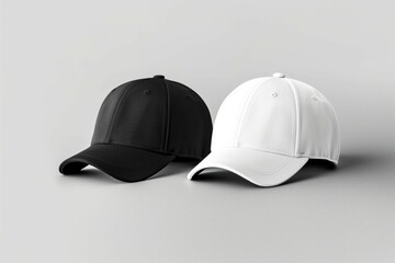 White and black baseball caps mockup on a grey background, front view