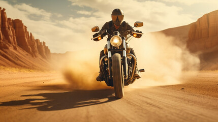 Custom motorbike biker rider on blurred desert road