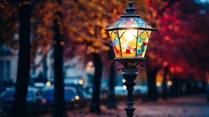 A classic, vintage streetlamp wrapped in colorful lights

