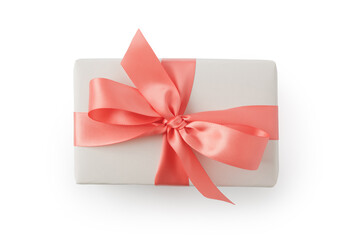 Top view of gift box with pink ribbon bow isolated on white