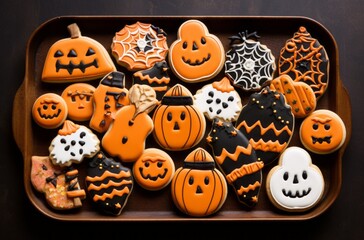 Halloween themed handmade cookies on a rustic wooden table