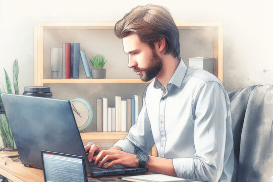 Male software engineer working from home, remote work concept, watercolor