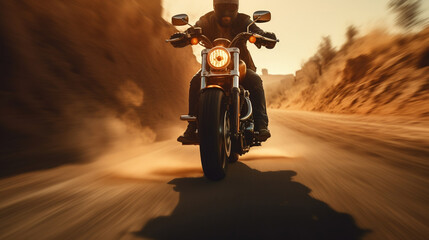 Custom motorbike biker rider on blurred desert road