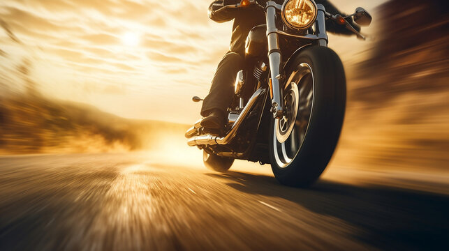 Custom motorbike biker rider on blurred desert road © BeautyStock