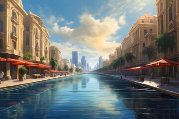 Fantasy scene of a man rowing a boat in the city