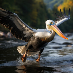 Fototapeta na wymiar A pelican flying over a river 