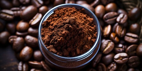 Fototapeta premium coffee beans on wood table coffee powder in bowl, landscape banner with copy space, classic and clean, professional food photography, close up