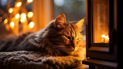 A pet nestled beside a flickering fireplace
