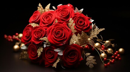 An elegant Christmas bouquet featuring red roses and gold beads.