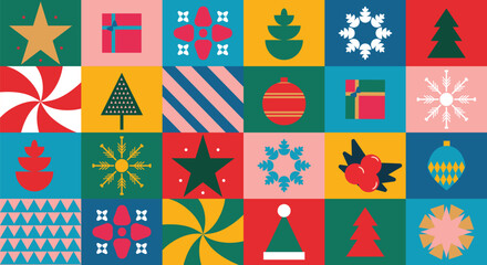 Obraz na płótnie Canvas Vector decorative Christmas pattern shapes with geometric design, Christmas Bauhaus Shapes Background