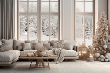 Cozy winter interior in light colors of the room with decorations and a festive atmosphere.