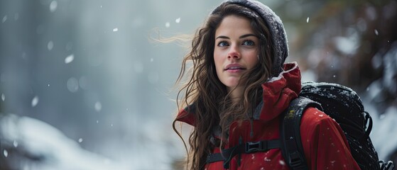 Fictional brunette with a briefcase in winter clothes close-up during a hike.