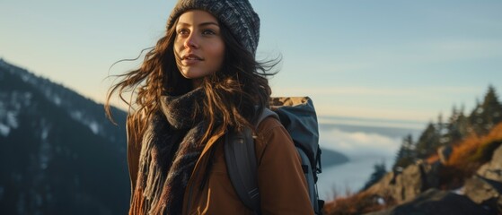 Fictional brunette with a briefcase in winter clothes close-up during a hike.