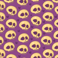 Obraz premium Vector pattern with skulp and bones and hearts on violet background. Element for horror design, Halloween celebrated concept.
