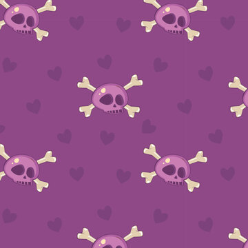 Vector pattern with skulp and bones and eyes on violet background. Element for horror design, Halloween celebrated concept.