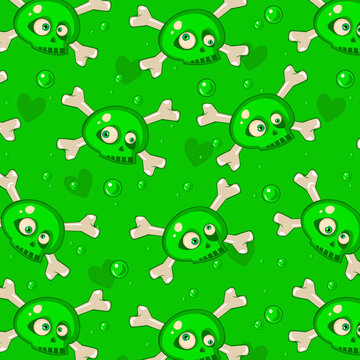 Vector pattern with skulp and bones on green background. Element for horror design, Halloween celebrated concept.