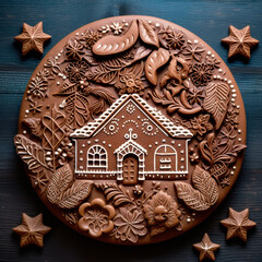 Christmas homemade gingerbread cookie in shape of houses on wooden table. Cute 3d cartoon