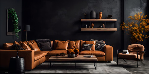 Home interior mockup with sofa and decor black stylish loft living room 3d render