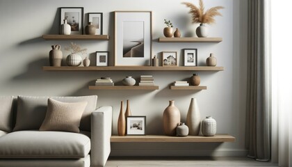 Photo of a contemporary living room, highlighting a wooden floating shelf against a white wall