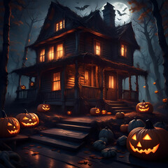Horror house with jack-o-lanterns under full moon. Concept of Halloween. Digital illustration. CG Artwork Background