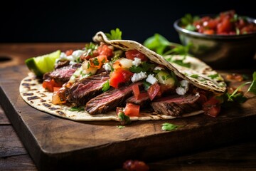 Delicious grilled beef taco on homemade tortilla. Generative AI
