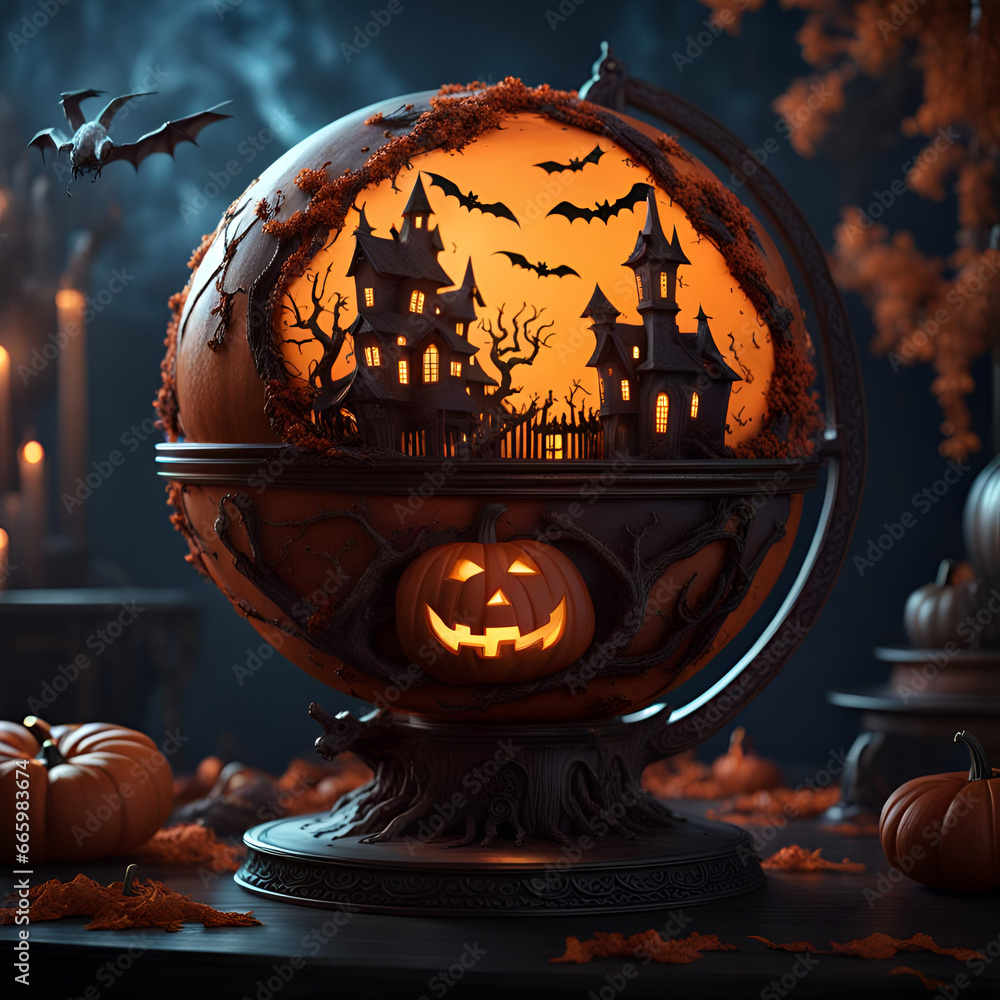 Poster Concept of Halloween. Halloween sunset landscape inside a globe surrounded by jack-o-lanterns. Digital illustration. CG Artwork Background