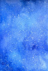 Watercolor winter background.  Watercolor dark blue snowy background.