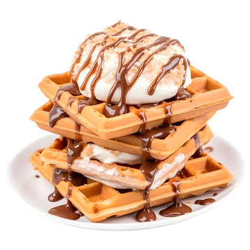 stack of waffles with ice cream and syrup topping isolated on transparent background. Waffles with ice cream transparent background. Png waffles with ice cream