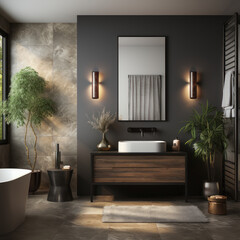  a restroom scene. The ambiance is cool and calm 

