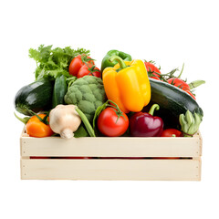 wooden box with full of vegetables on transparent background, box with vegetables, fresh vegetables element
