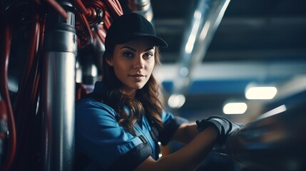 Human plumber working near metal pipes indoor, female professional occupation