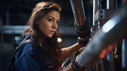 Human plumber working near metal pipes indoor, female professional occupation