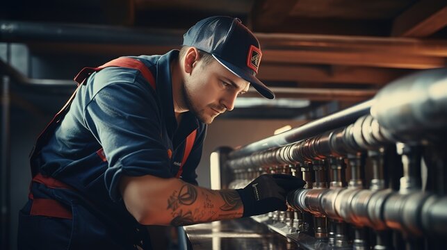 Human plumber working near metal pipes indoor, female professional occupation