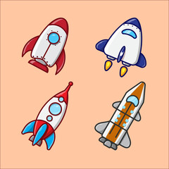 Set of vector illustrations of rocket and spaceship