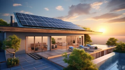 Solar panel on the roof top of modern house, Green energy and in the modern housing innovation. - obrazy, fototapety, plakaty