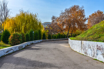Bozsuv canal embankment near Expocenter bridge in autumn (Tashkent, Uzbekistan)