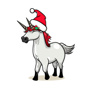White unicorn with red santa hat