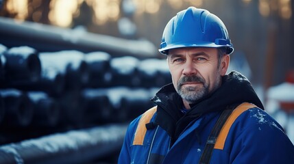 Worker man in dark blue builders jacket and hard hat helmet, blurred pipes background, cold winter atmosphere. Natural gas pipeline engineer - obrazy, fototapety, plakaty