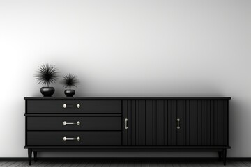 A black sideboard with two drawers and a vase, AI