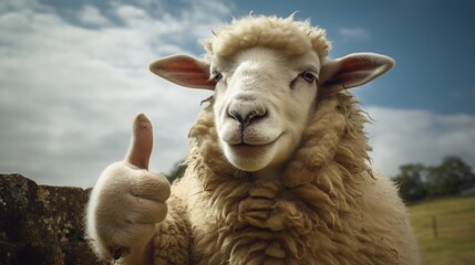 Portrait of friendly sheep making thumbs up.
