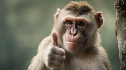 Portrait of friendly monkey making thumbs up.