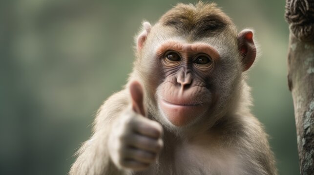 Portrait of friendly monkey making thumbs up.