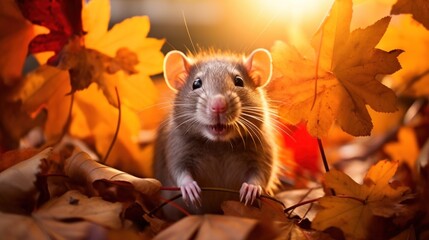 Portrait of happy rat rejoices in autumn.