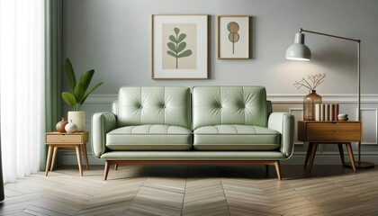Photo of a light green leather sofa placed against a wall with ample copy space above