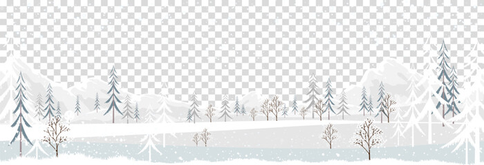 Winter landscape with snowy covered on mountain and forest tree on white background.Vector cartoon horizon Winter wonderland with blizzard with sunset,Christmas background,New Year banner - obrazy, fototapety, plakaty
