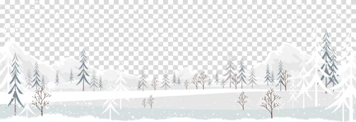 Rolgordijnen Winter landscape with snowy covered on mountain and forest tree on white background.Vector cartoon horizon Winter wonderland with blizzard with sunset,Christmas background,New Year banner © Anchalee
