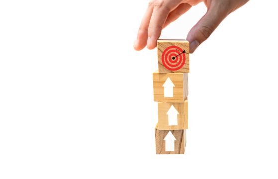 Hand place wooden blocks as a step towards the goal.  Isolated on white background. Business ideas for successful growth process.PNG