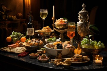 Elegantly adorned dining feast showcasing an assortment of delectable bites and starters. Generative AI