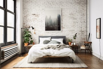 Bedroom with white brick walls and a poster displayed in the corner. Generative AI