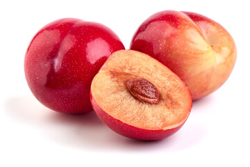 Fototapeta na wymiar Juicy Red plum fruits, isolated on white background.